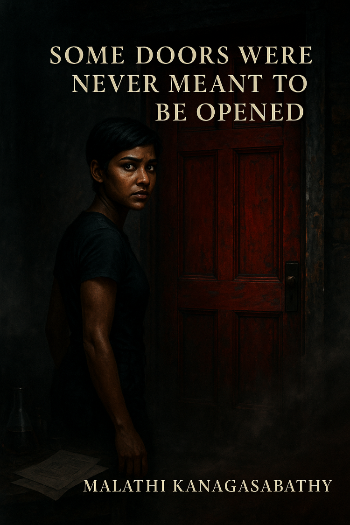 Book cover with a person standing in front of a closed door, text 'Some doors were never meant to be opened' by Malathi Kanagasabathy.